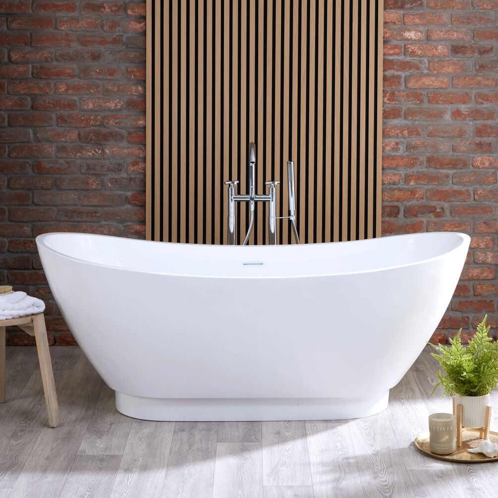 Product lifestyle image of Sanctuary Verbier Boat Bath in Gloss White in front of brick wall with panelling SB211